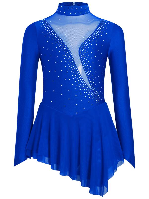 Kids Girls Long Sleeve Mesh Rhinestones Asymmetrical Skating Leotard Dress thumb