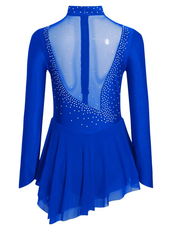 Kids Girls Long Sleeve Mesh Rhinestones Asymmetrical Skating Leotard Dress thumb