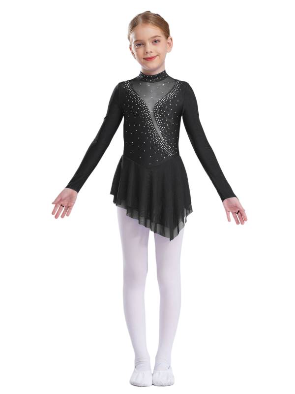 Kids Girls Long Sleeve Mesh Rhinestones Asymmetrical Skating Leotard Dress thumb