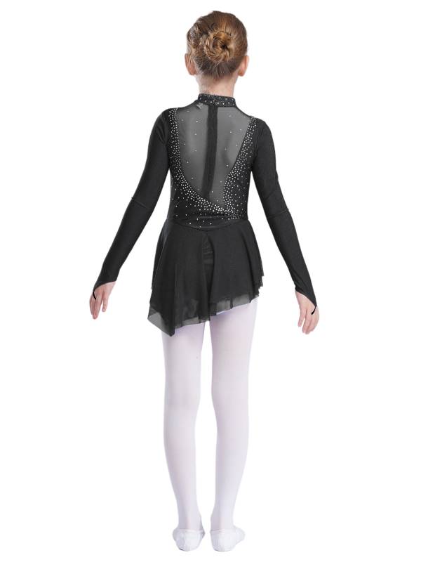 Kids Girls Long Sleeve Mesh Rhinestones Asymmetrical Skating Leotard Dress thumb