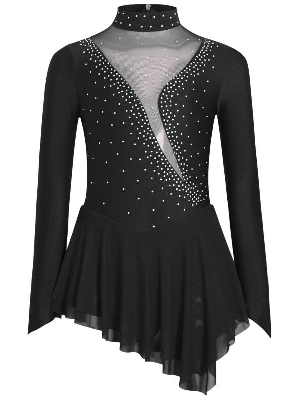 Kids Girls Long Sleeve Mesh Rhinestones Asymmetrical Skating Leotard Dress thumb