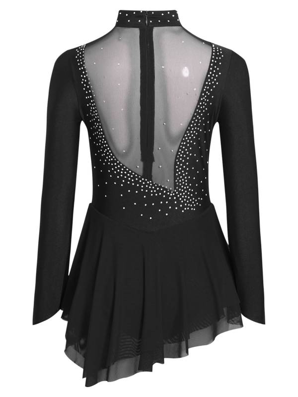 Kids Girls Long Sleeve Mesh Rhinestones Asymmetrical Skating Leotard Dress thumb