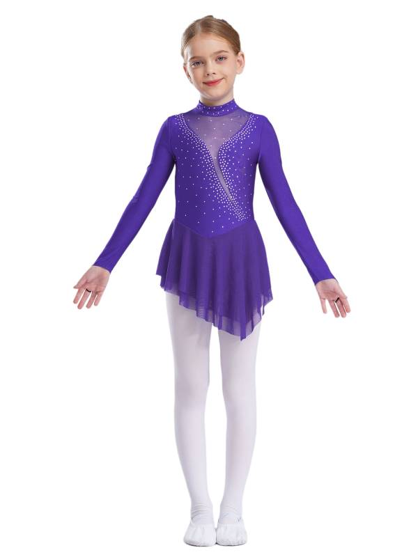 Kids Girls Long Sleeve Mesh Rhinestones Asymmetrical Skating Leotard Dress thumb