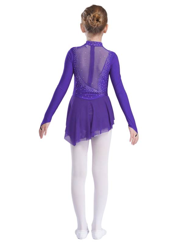 Kids Girls Long Sleeve Mesh Rhinestones Asymmetrical Skating Leotard Dress thumb