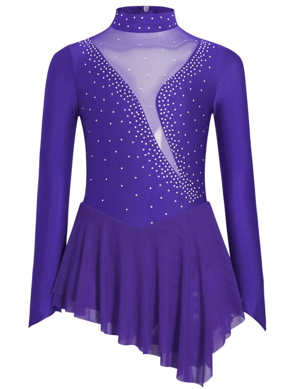 Kids Girls Long Sleeve Mesh Rhinestones Asymmetrical Skating Leotard Dress thumb