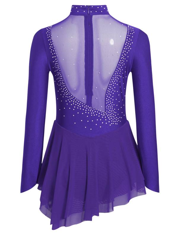Kids Girls Long Sleeve Mesh Rhinestones Asymmetrical Skating Leotard Dress thumb