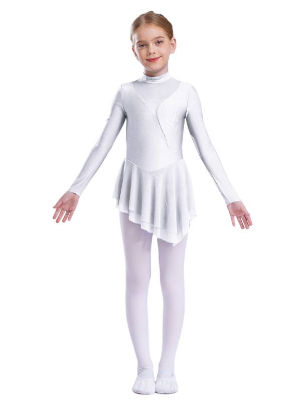 Kids Girls Long Sleeve Mesh Rhinestones Asymmetrical Skating Leotard Dress thumb