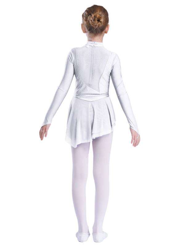 Kids Girls Long Sleeve Mesh Rhinestones Asymmetrical Skating Leotard Dress thumb
