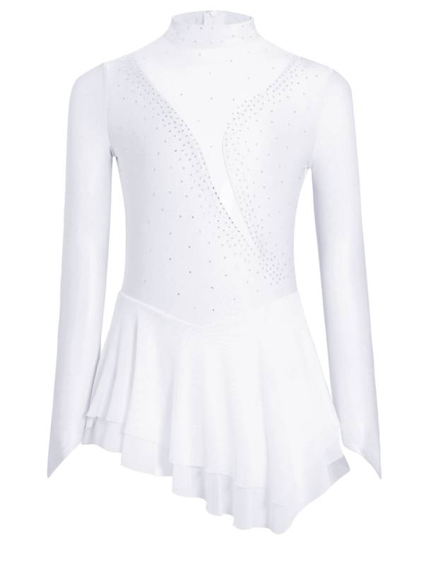 Kids Girls Long Sleeve Mesh Rhinestones Asymmetrical Skating Leotard Dress thumb