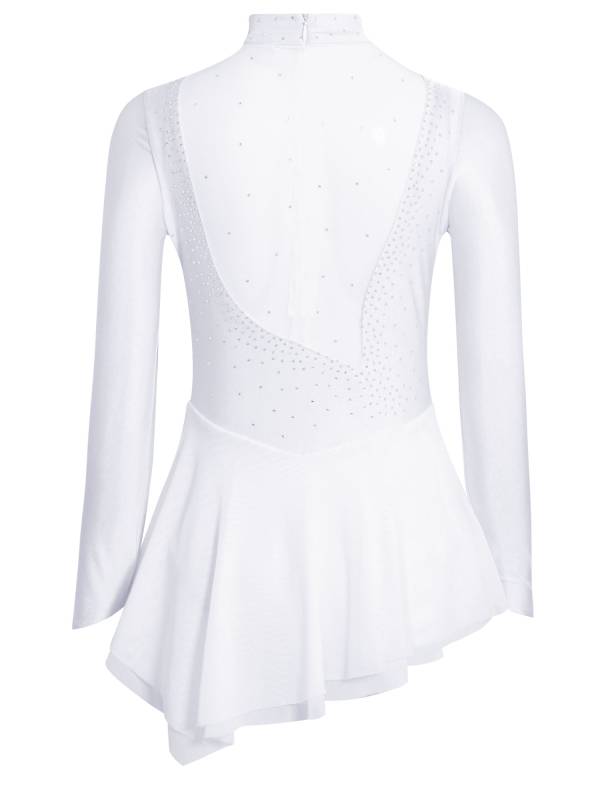 Kids Girls Long Sleeve Mesh Rhinestones Asymmetrical Skating Leotard Dress thumb