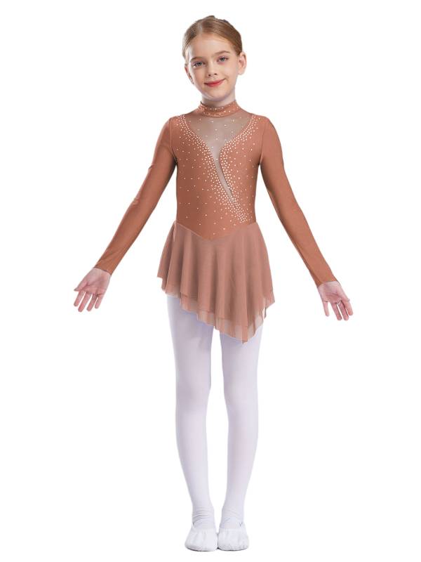 Kids Girls Long Sleeve Mesh Rhinestones Asymmetrical Skating Leotard Dress thumb