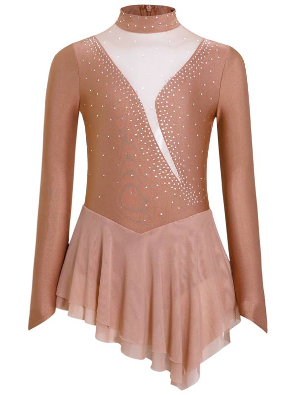 Kids Girls Long Sleeve Mesh Rhinestones Asymmetrical Skating Leotard Dress thumb