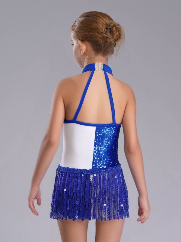 Girls Sequin Tassel Latin Dance Dress Sleeveless Color Block Jazz Costume thumb