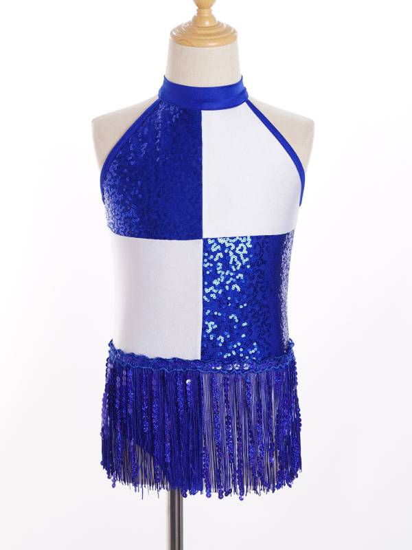 Girls Sequin Tassel Latin Dance Dress Sleeveless Color Block Jazz Costume thumb