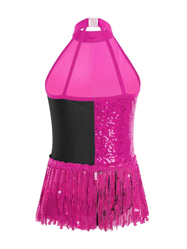 Girls Sequin Tassel Latin Dance Dress Sleeveless Color Block Jazz Costume thumb