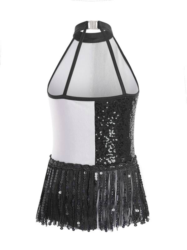 Girls Sequin Tassel Latin Dance Dress Sleeveless Color Block Jazz Costume thumb