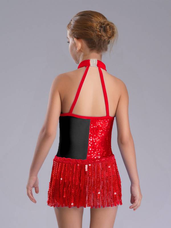 Girls Sequin Tassel Latin Dance Dress Sleeveless Color Block Jazz Costume thumb