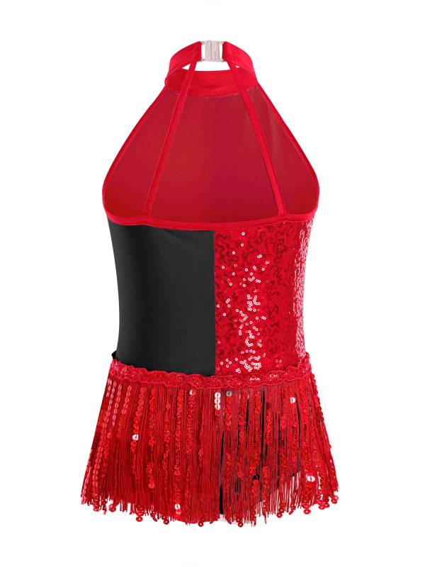Girls Sequin Tassel Latin Dance Dress Sleeveless Color Block Jazz Costume thumb