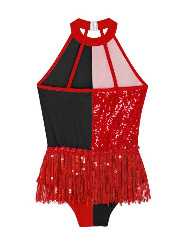 Girls Sequin Tassel Latin Dance Dress Sleeveless Color Block Jazz Costume thumb