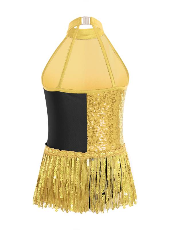 Girls Sequin Tassel Latin Dance Dress Sleeveless Color Block Jazz Costume thumb