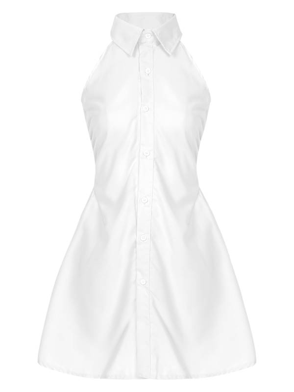 Women Turn-down Collar Halter Neck Sleeveless A-line Dress thumb