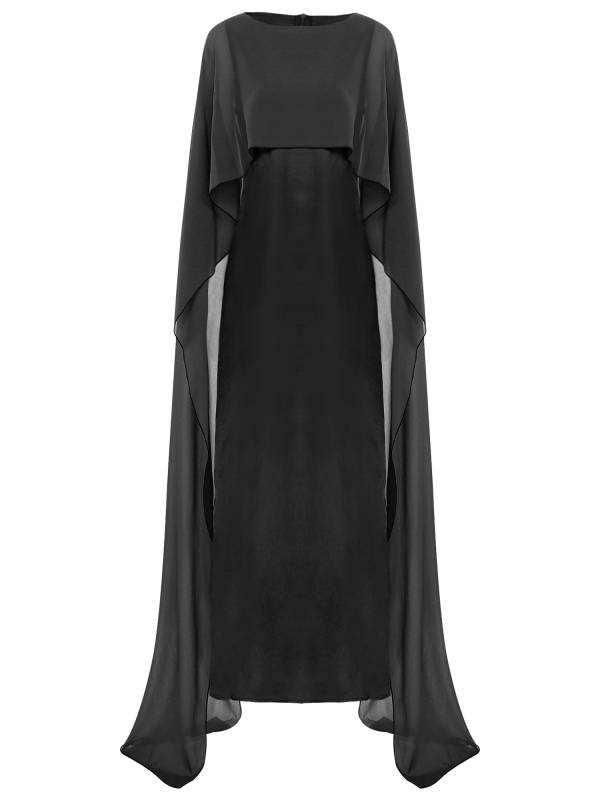 Women Long Robe Round Neck Satin Party Dress with Chiffon Cape thumb