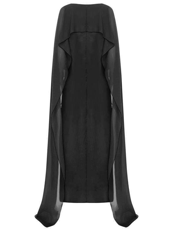 Women Long Robe Round Neck Satin Party Dress with Chiffon Cape thumb