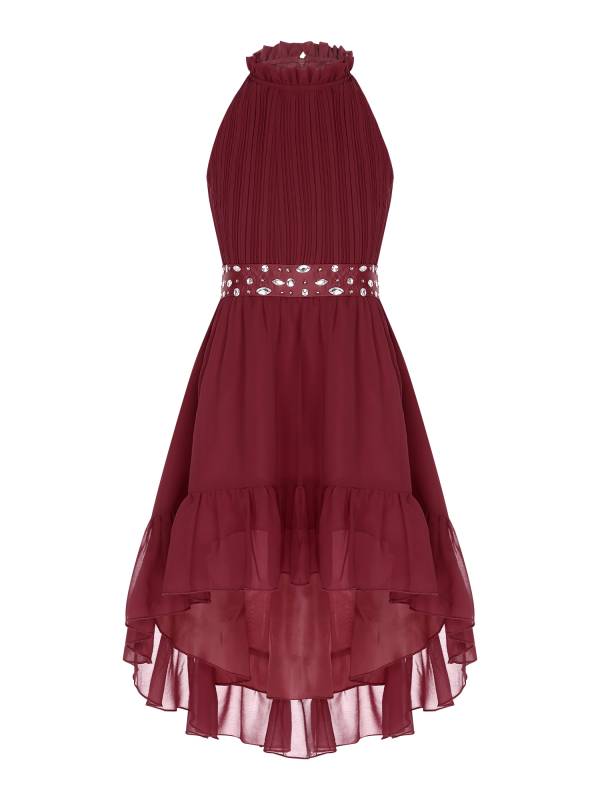 Kids Girls Sleeveless Beaded Belt Pleated Bodice Ruffled Hi-lo Party Dress thumb