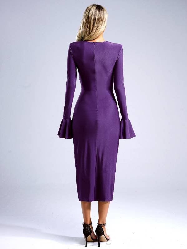 Women V Neck Long Sleeve Twisted Knot Cutout Pencil Dress for Cocktails thumb