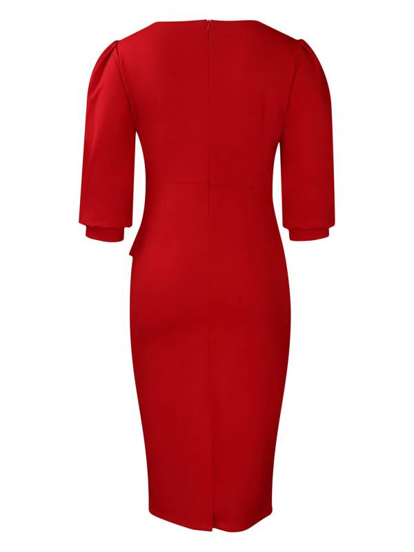 Women Solid Color Half Sleeve Ruffled Pencil Dress for Evening thumb