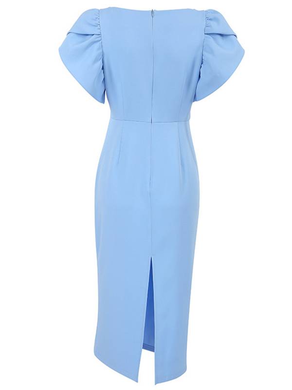Women Puff Sleeve Back Slit High Waist Pencil Dress thumb