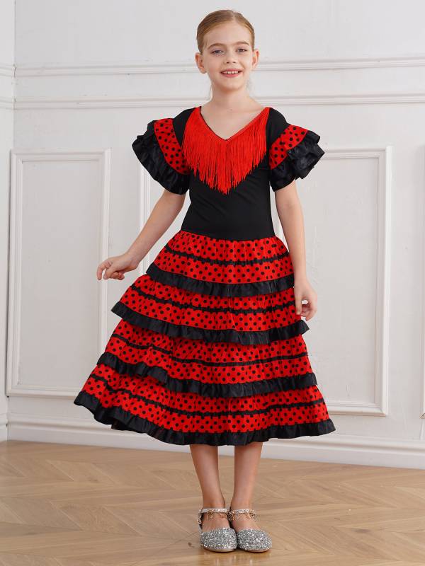Kids Girls Short Sleeve Tassel V Neck Tiered Ruffles Flamenco Dress thumb