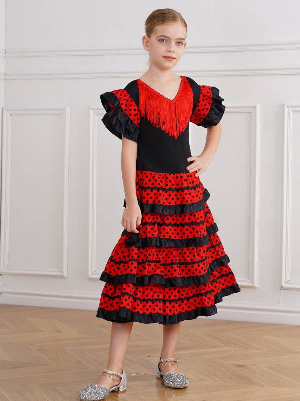 Kids Girls Short Sleeve Tassel V Neck Tiered Ruffles Flamenco Dress thumb
