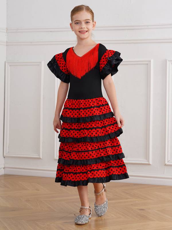 Kids Girls Short Sleeve Tassel V Neck Tiered Ruffles Flamenco Dress thumb
