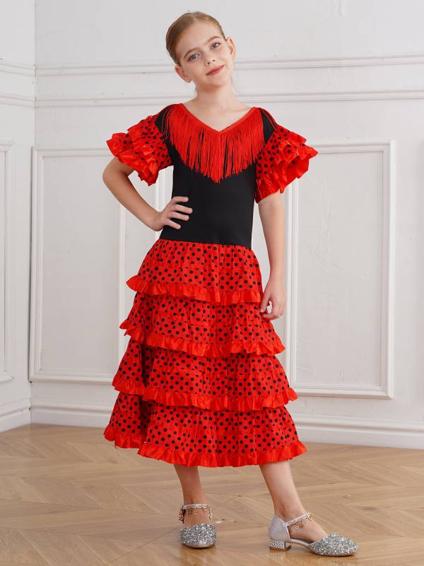 Kids Girls Short Sleeve Tassel V Neck Tiered Ruffles Flamenco Dress thumb