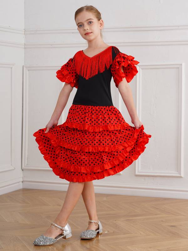 Kids Girls Short Sleeve Tassel V Neck Tiered Ruffles Flamenco Dress thumb