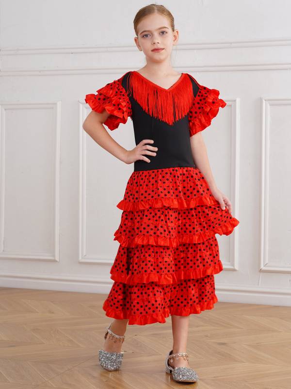 Kids Girls Short Sleeve Tassel V Neck Tiered Ruffles Flamenco Dress thumb