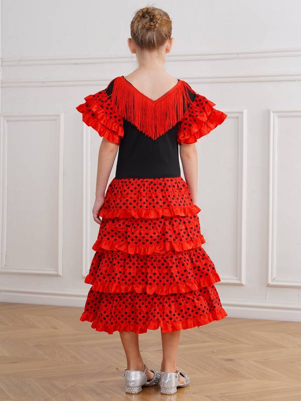 Kids Girls Short Sleeve Tassel V Neck Tiered Ruffles Flamenco Dress thumb