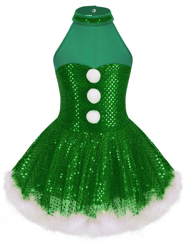 Kids Girls Christmas Sleeveless Halter Neck Sequins Snowman Costume Tutu Dress thumb