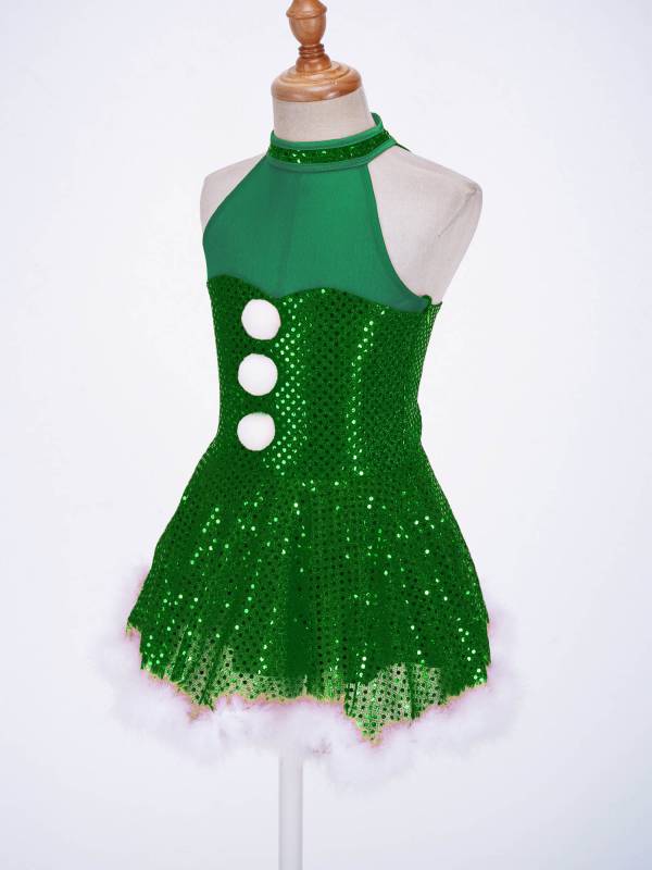 Kids Girls Christmas Sleeveless Halter Neck Sequins Snowman Costume Tutu Dress thumb