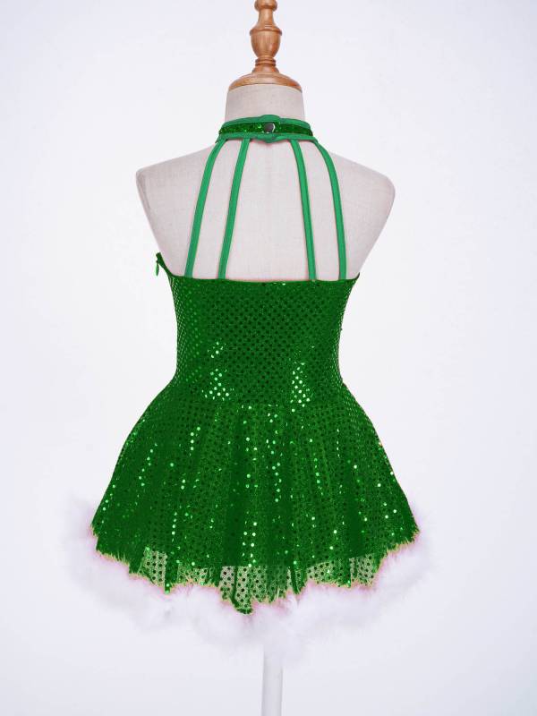 Kids Girls Christmas Sleeveless Halter Neck Sequins Snowman Costume Tutu Dress thumb