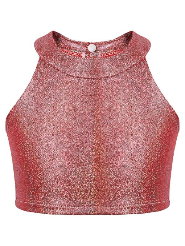 Kids Girls Metallic Sleeveless Halter Neck Jazz Dance Crop Top thumb