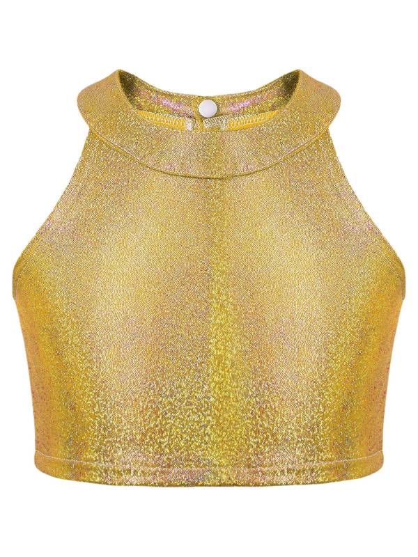 Kids Girls Metallic Sleeveless Halter Neck Jazz Dance Crop Top thumb