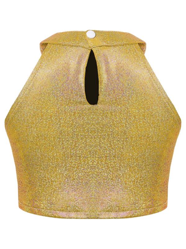 Kids Girls Metallic Sleeveless Halter Neck Jazz Dance Crop Top thumb