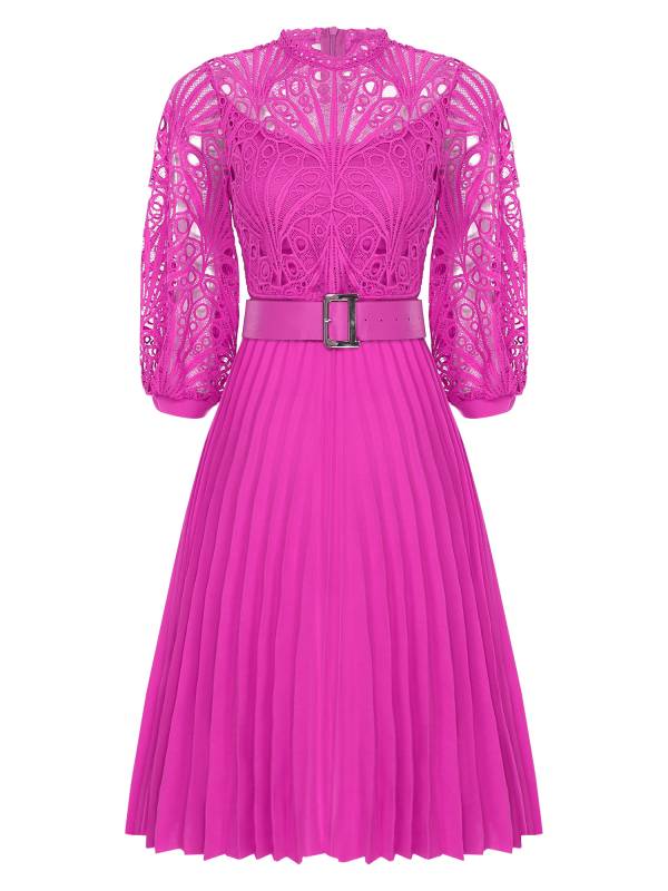 Women 3/4 Sleeve Lace Bodice High Waist A-line Party Dress with Belt thumb