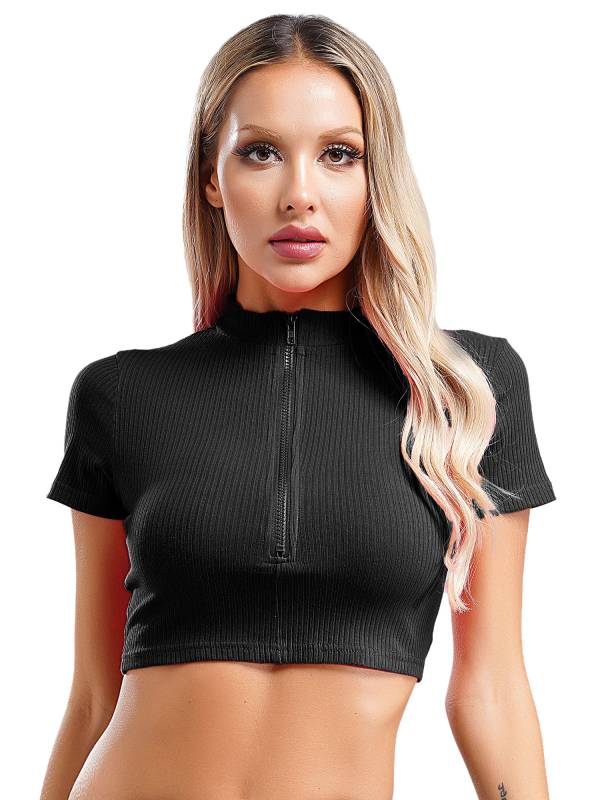 Women Stand Collar Short Sleeve Ribbed Front Zipper Sports Crop Top thumb