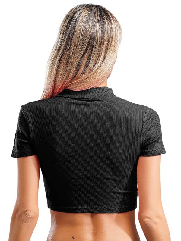 Women Stand Collar Short Sleeve Ribbed Front Zipper Sports Crop Top thumb