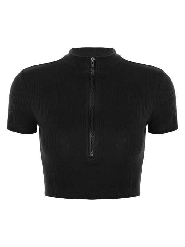 Women Stand Collar Short Sleeve Ribbed Front Zipper Sports Crop Top thumb