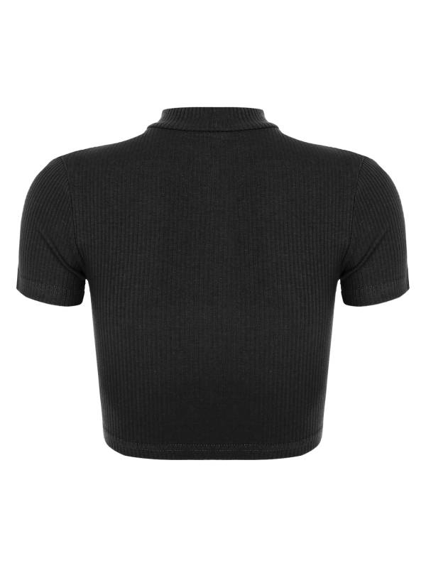 Women Stand Collar Short Sleeve Ribbed Front Zipper Sports Crop Top thumb