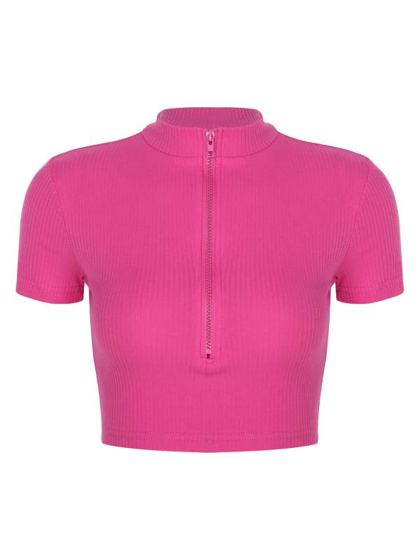 Women Stand Collar Short Sleeve Ribbed Front Zipper Sports Crop Top thumb